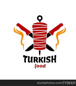 Turkish cuisine food icon. Isolated vector doner kebab or shawarma and chef knives. Turkish fast food restaurant, barbecue cafe or grill bar symbol of skewer or rotating spit with grilled meat. Turkish cuisine food icon, doner kebab or shawarma