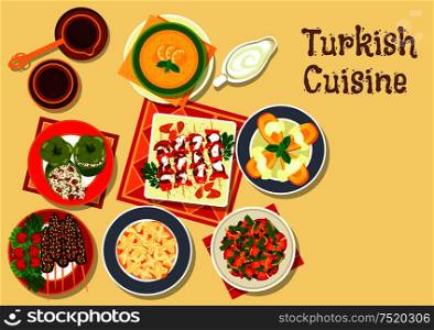 Turkish cuisine grilled kebab and meatball kofte icon with stuffed pepper dolma, meat dumpling, bean stew, lentil cream soup and quince fruit dessert with coffee. Turkish cuisine icon with grilled meat kebab