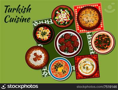 Turkish cuisine icon with chicken pilaf, rice soup with mint, meatballs kofte, white bean salad, chicken vermicelli soup, shepherd vegetable salad, circassian chicken with walnuts, green bean salad. Summer dishes of turkish cuisine icon