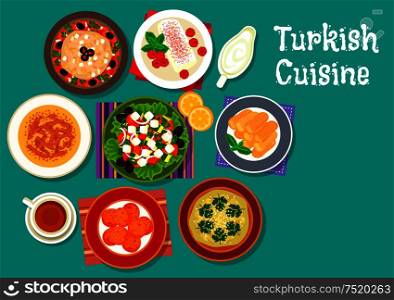 Turkish cuisine icon with grilled eggplant salad, lamb soup, fried carrot balls, eggplant dip sauce, vegetable salad with feta, sweet chicken pudding and fried cakes with syrup. Turkish cuisine traditional dishes icon