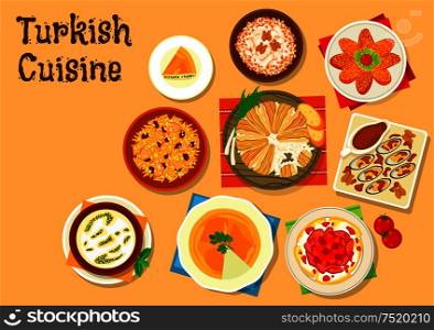 Turkish cuisine rice pilaf with anchovy and chicken icon served with iskender kebab, fish cutlet sarma, chicken with walnut, fried mussel with nut garlic sauce, cheese pie, rice mint soup. Turkish cuisine national dishes for menu design