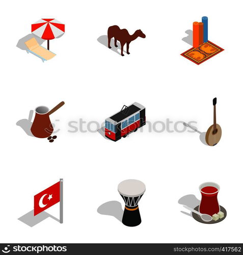 Turkish cultural icons set. Isometric 3d illustration of 9 Turkish cultural vector icons for web. Turkish cultural icons set, isometric 3d style