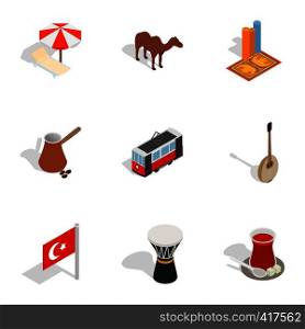 Turkish cultural icons set. Isometric 3d illustration of 9 Turkish cultural vector icons for web. Turkish cultural icons set, isometric 3d style