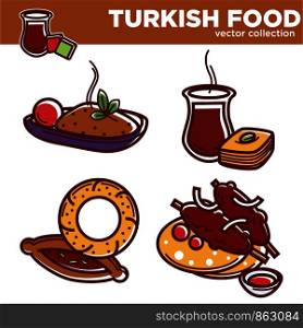 Turkish food vector collection with delicious hot dishes. Rice with spices, sweet baklava and tea, traditional bakery products and meat on skewer with pita bread isolated cartoon vector illustrations.. Turkish food vector collection with delicious hot dishes