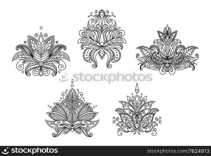Turkish, indian and persian paisley floral motifs set isolated on white background