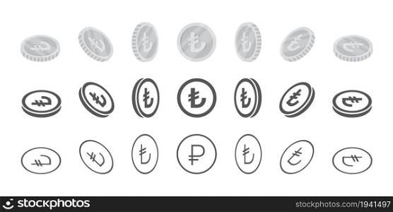 Turkish Lira coins. Rotation of icons at different angles for animation. Coins in isometric. Vector illustration