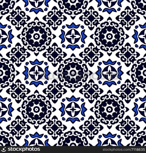 Turkish ornamental Moroccan tile mosaic. Spanish porcelain Ceramic tableware, folk print. Spanish pottery. Mediterranean seamless wallpaper. Seamless abstract tiled pattern vector blue and white