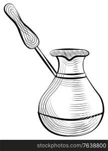 Turkish pot for making tasty coffee vector, isolated monochrome sketch outline. Cappuccino or espresso maker, cezve traditional beverage brewing flat style. Turkish Cezve Pot Coffee Making Container Vector