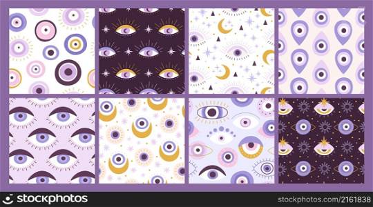 Turkish protection amulet, evil eye seamless pattern. Print with mystic ethnic nazar symbols. Occult lucky third eyes texture vector set. Sacred esoteric elements for spiritual culture. Turkish protection amulet, evil eye seamless pattern. Print with mystic ethnic nazar symbols. Occult lucky third eyes texture vector set