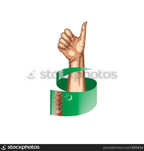 Turkmenistan flag and hand on white background. Vector illustration.. Turkmenistan flag and hand on white background. Vector illustration