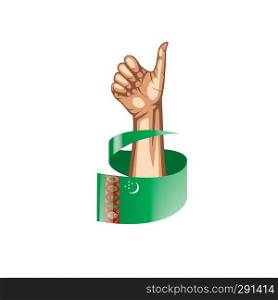 Turkmenistan flag and hand on white background. Vector illustration.. Turkmenistan flag and hand on white background. Vector illustration