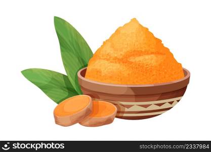 Turmeric, curcuma dry powder in bowl in cartoon style isolated on white background. Homeopathy ingredient, aromatic Asian cuisine, close up. Vector illustration