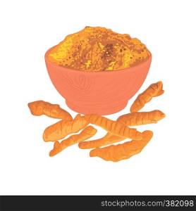 Turmeric roots and powderin in a bowl on a white background vector illustration