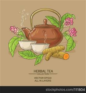 turmeric tea illustration. turmeric tea in teapot on color background
