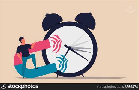 Turn back time with magnet and alarm clock. Return timer and change future business vector illustration concept. People finance overtime and late deadline. Refresh management and changing countdown