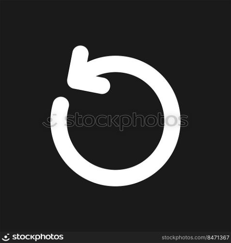 Turn dark mode glyph ui icon. Refresh. Rotating arrow. Counter clockwise. User interface design. White silhouette symbol on black space. Solid pictogram for web, mobile. Vector isolated illustration. Turn dark mode glyph ui icon