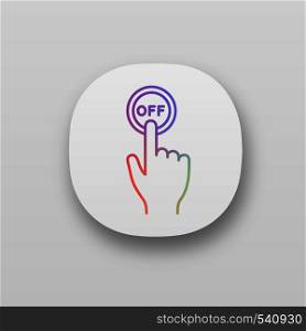 Turn off button click app icon. UI/UX user interface. Shutdown. Power off. Hand pressing button. Web or mobile application. Vector isolated illustration. Turn off button click app icon