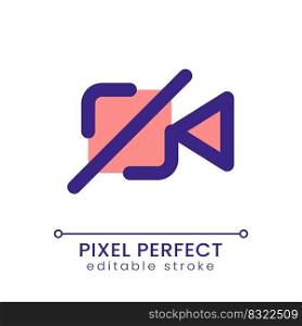 Turn off camera pixel perfect RGB color ui icon. Calling. Videotelephony. Simple filled line element. GUI, UX design for mobile app. Vector isolated pictogram. Editable stroke. Poppins font used. Turn off camera pixel perfect RGB color ui icon