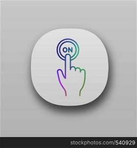 Turn on button click app icon. Power. Hand pressing button. UI/UX user interface. Web or mobile application. Vector isolated illustration. Turn on button click app icon