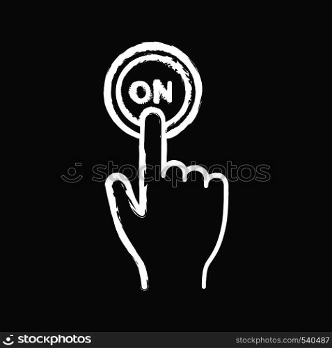 Turn on button click chalk icon. Power. Hand pressing button. Isolated vector chalkboard illustrations. Turn on button click chalk icon