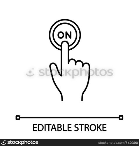 Turn on button click linear icon. Thin line illustration. Power. Hand pressing button. Contour symbol. Vector isolated outline drawing. Editable stroke. Turn on button click linear icon