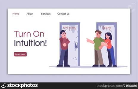 Turn on intuition landing page vector template. Team logic game website interface idea with flat illustrations. Difficult decision homepage layout. Quest room web banner, webpage cartoon concept