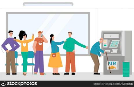 Turn people currency flat composition with old man and pregnant woman passing way through atm queue vector illustration