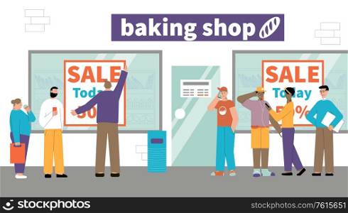 Turn people sale shop flat composition with store front of baking store with discounts and queue vector illustration