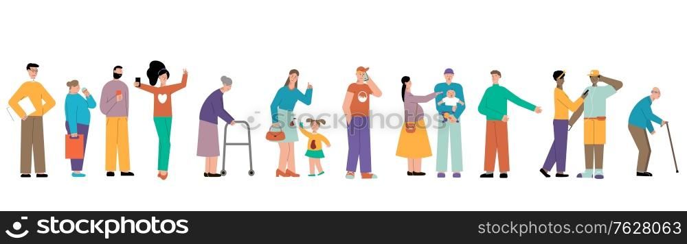 Turn people set with isolated flat characters waiting for their turn in queue on blank background vector illustration