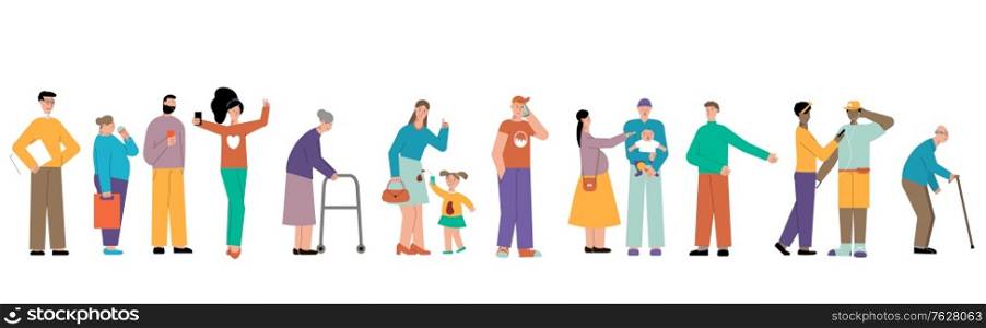 Turn people set with isolated flat characters waiting for their turn in queue on blank background vector illustration