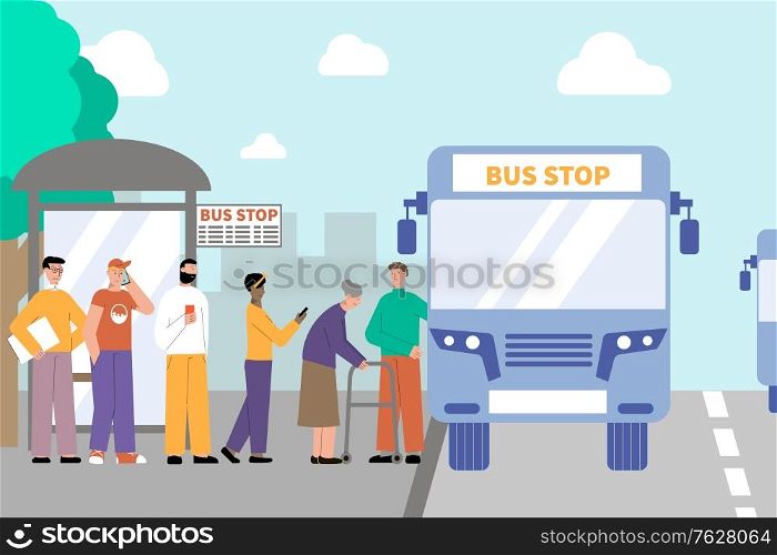Turn people transport flat composition with outdoor landscape and bus stop with passengers standing in queue vector illustration