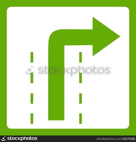 Turn right traffic sign icon white isolated on green background. Vector illustration. Turn right traffic sign icon green