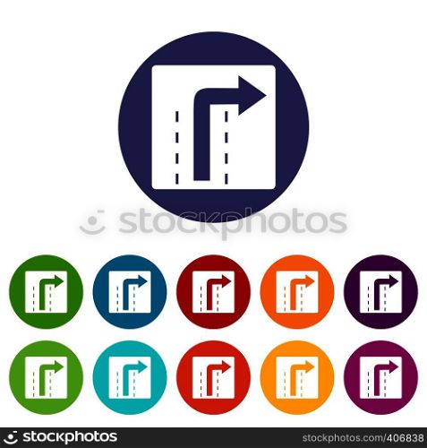 Turn right traffic sign set icons in different colors isolated on white background. Turn right traffic sign set icons