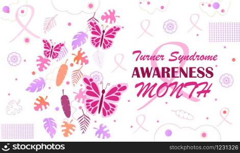 Turner Syndrome awareness month is celebrated in February. Pink butterflies and falling tropical colorful leaves on white background. Crimson ribbon is symbol of illness.. Turner Syndrome awareness month is celebrated in February. Pink butterflies and falling tropical colorful leaves on white background. Crimson ribbon is symbol