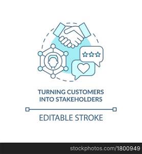 Turning customer into stakeholders blue concept icon. Alternative form of business abstract idea thin line illustration. Customers make decision. Vector isolated outline color drawing. Editable stroke. Turning customers into stakeholders blue concept icon