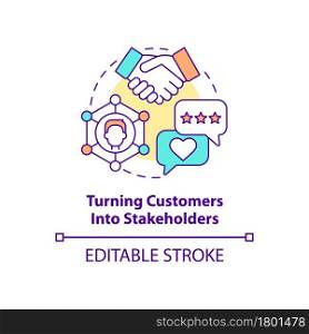 Turning customers into stakeholders concept icon. Alternative form of business abstract idea thin line illustration. Customers make decision. Vector isolated outline color drawing. Editable stroke. Turning customers into stakeholders concept icon