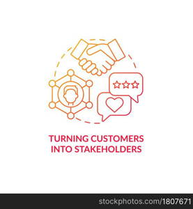 Turning customers into stakeholders red gradient concept icon. Alternative form of business abstract idea thin line illustration. Customers make decision. Vector isolated outline color drawing.. Turning customers into stakeholders red gradient concept icon
