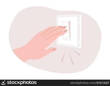 Turning off light switch to reduce electricity consumption 2D vector isolated spot illustration. Flat character hand on cartoon background. Colorful editable scene for mobile, website, magazine. Turning off light switch to reduce electricity consumption 2D vector isolated spot illustration