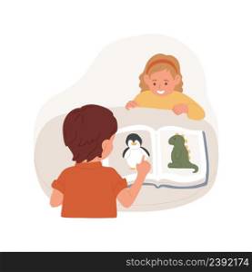 Turning pages of picture book isolated cartoon vector illustration. Child looking at pictures in book, learning and mental skills, toddler literacy development, early education vector cartoon.. Turning pages of picture book isolated cartoon vector illustration.