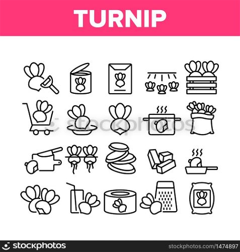 Turnip Agricultural Vegetable Icons Set Vector. Boiled And Fried Turnip, Cut Desk And Knife, Cart And Box, Grater And Bag Concept Linear Pictograms. Monochrome Contour Illustrations. Turnip Agricultural Vegetable Icons Set Vector