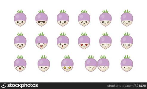 Turnip cute kawaii mascot. Set kawaii food faces expressions smile emoticons.