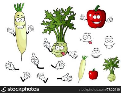Turnip, radish and pepper vegetables in cartoon style for food design