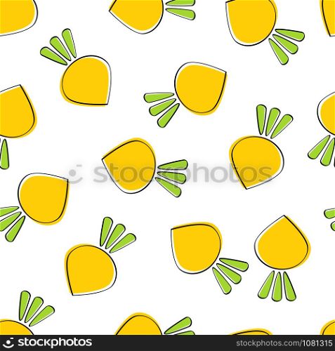 Turnip vegetable seamless background vector flat illustration. Fresh food background in yellow colors with turnip vegetable seamless element for wrapping paper, restaurant wallpaper, celebration card.. Turnip vegetable seamless background illustration