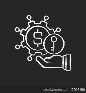 Turnkey finance functions chalk white icon on black background. Successful business model. Provider assumes responsibility for all required setup. Isolated vector chalkboard illustration. Turnkey finance functions chalk white icon on black background
