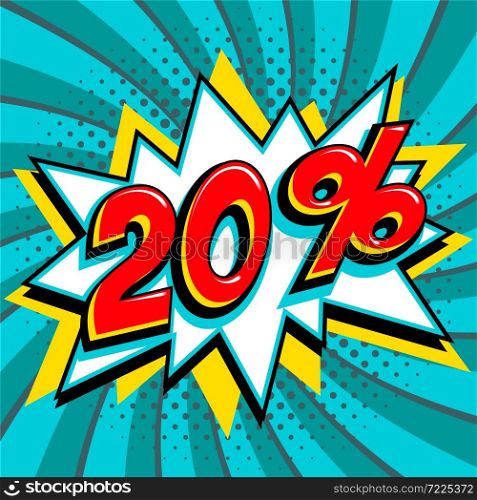 Turquoise 20 twenty percent off sale banner. Red number on yellow bang shape and blue-green swirling background. Big sale web banner in Pop-art style. Comic style sale promotion banner. Vector illustration. Turquoise 20 twenty percent off sale banner. Red number on yellow bang shape and blue-green swirling background. Big sale web banner in Pop-art style. Comic style sale promotion banner.