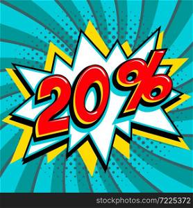 Turquoise 20 twenty percent off sale banner. Red number on yellow bang shape and blue-green swirling background. Big sale web banner in Pop-art style. Comic style sale promotion banner. Vector illustration. Turquoise 20 twenty percent off sale banner. Red number on yellow bang shape and blue-green swirling background. Big sale web banner in Pop-art style. Comic style sale promotion banner.
