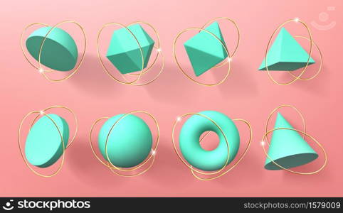Turquoise 3d geometric shapes with golden rings. Vector realistic set of abstract render figures, sphere, cone, pyramid, octahedron and torus. Volumetric geometry forms isolated on pink background. Turquoise 3d geometric shapes with golden rings