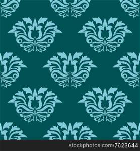 Turquoise blue damask style seamless pattern with a repeat floral arabesque motif in square format suitable for wallpaper or fabric