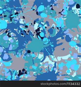 Turquoise, brown, blue, black artistic ink paint splashes camouflage seamless vector pattern