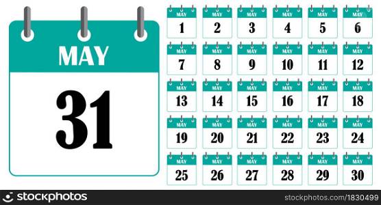 Turquoise calendar may icon. Spring time. Page of calendar. Schedule symbol. Vector illustration. Stock image. EPS 10.. Turquoise calendar may icon. Spring time. Page of calendar. Schedule symbol. Vector illustration. Stock image.